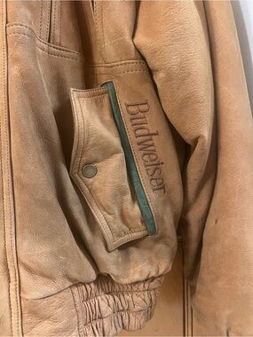 Vintage Leather Budweiser Tan Bomber Jacket With Green Accents